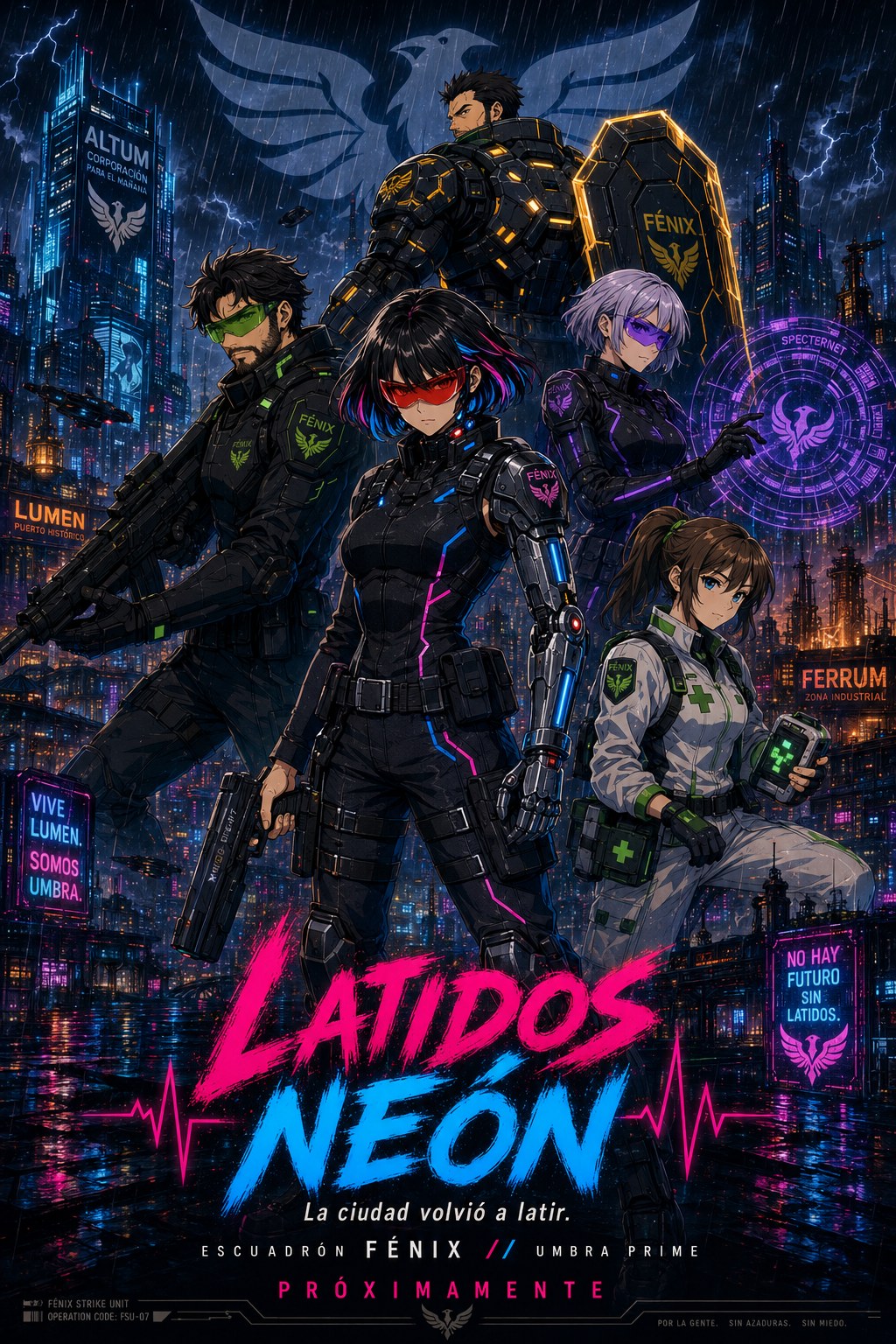 Póster oficial de Latidos Neón con el Escuadrón FÉNIX