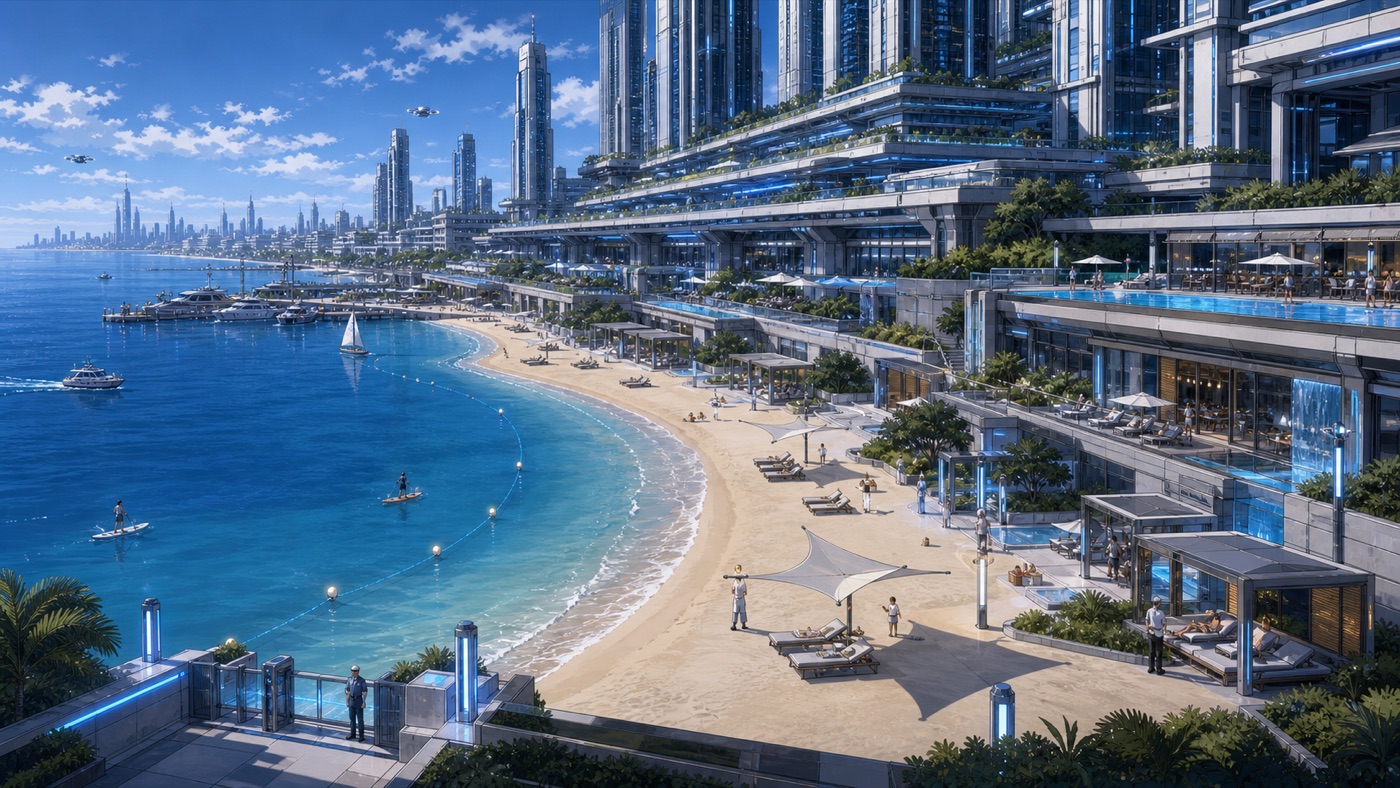 Playa privada y torres residenciales de Altum